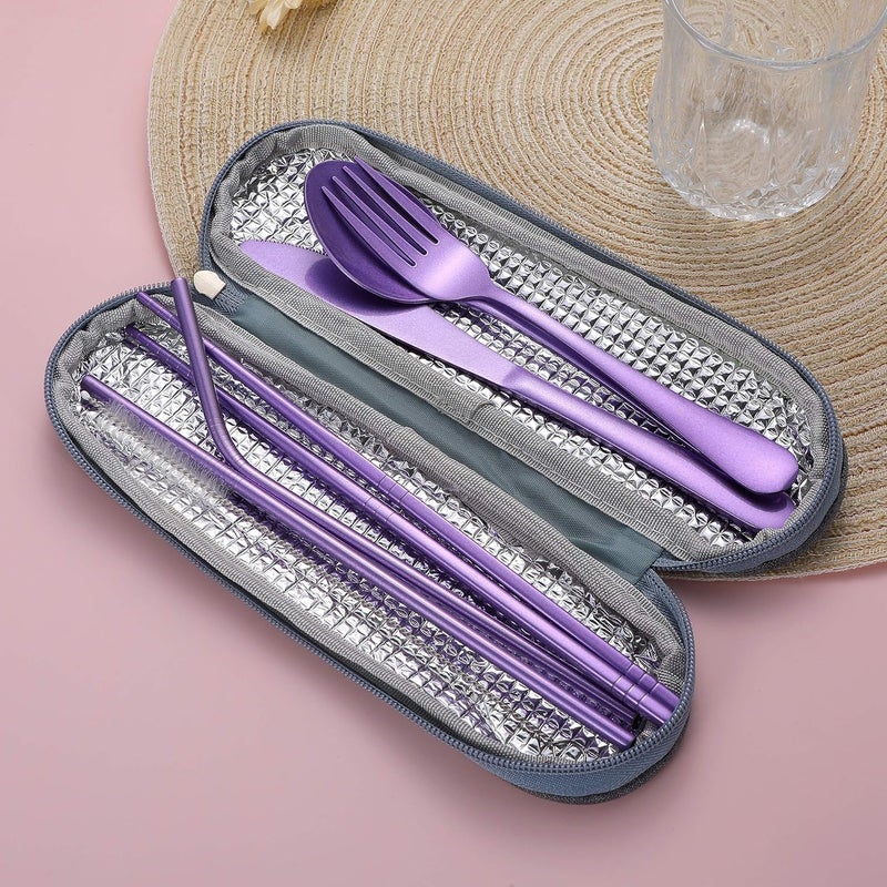 Topbooc Portable Stainless Steel Flatware Set, Travel Camping Cutlery Set, Portable Utensil Travel Silverware Dinnerware Set with a Waterproof Case (Light Purple) - Image 5