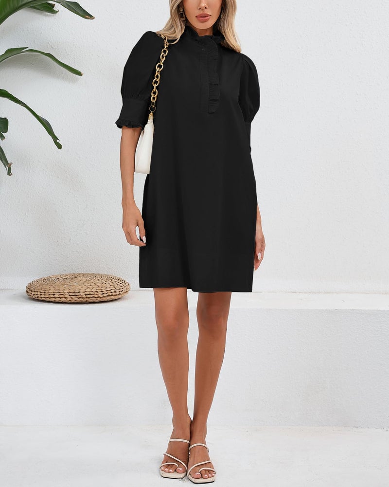 YEXPINE Women's Puff Short Sleeve Stand Ruffle Collar Summer Dress Casual A Line Shift Mini Dress with Pockets Black - Image 2