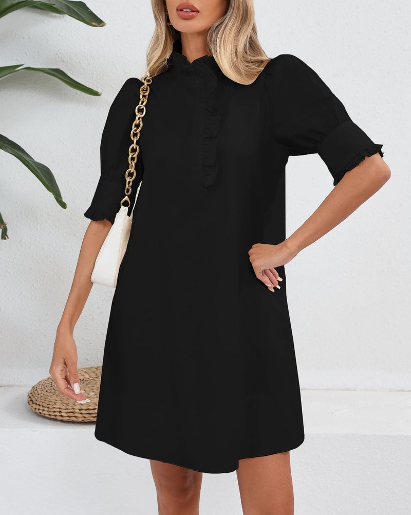 YEXPINE Women's Puff Short Sleeve Stand Ruffle Collar Summer Dress Casual A Line Shift Mini Dress with Pockets Black - Image 4