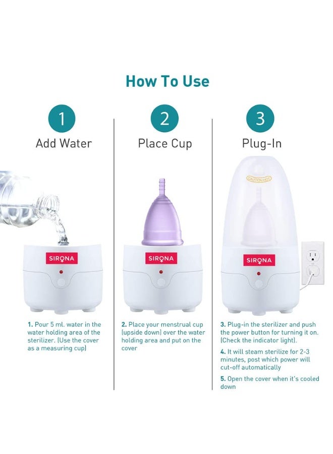 Sirona Reusable Menstrual Cup for Women (Medium) with Electric Steam Sterilizer - Pack of 2 | 100% Medical-Grade Silicone | Kills 99% Germs | Rash, Odour & Itch-Free Period Care with Quick Cleaning - Image 4