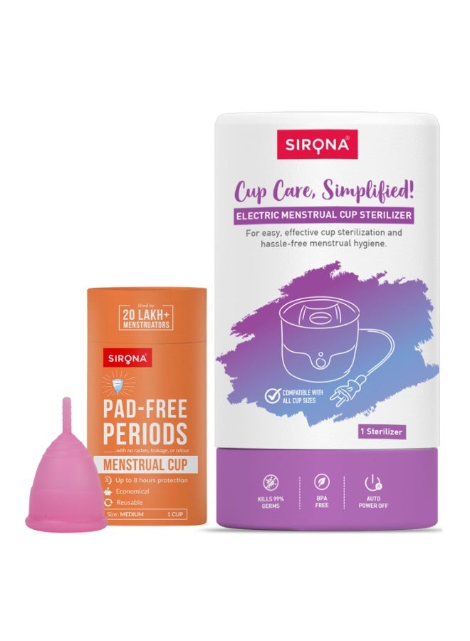 Sirona Reusable Menstrual Cup for Women (Medium) with Electric Steam Sterilizer - Pack of 2 | 100% Medical-Grade Silicone | Kills 99% Germs | Rash, Odour & Itch-Free Period Care with Quick Cleaning - Image 1
