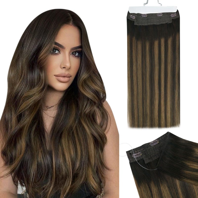 Ugeat Wire Hair Extensions Human Hair Brown Remy Invisible Wire Hair Extensions Balayage Dark Brown Mix Chestnut Brown Real Human Hair Extensions for Women Silky Straight 80g 18 Inch