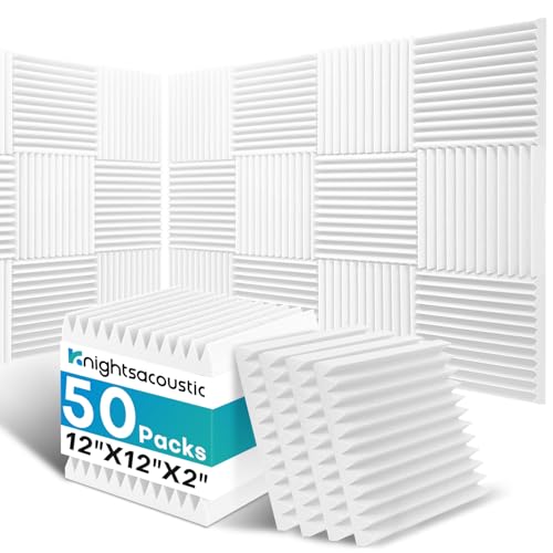 Knightsacoustic 50 Pack Sound Proof Foam Panels for Walls, 2 X 12 X 12 Inches Acoustic Foam Panels, High Density Acoustic Panels Sound Absorbing, Noise Cancelling Studio Wedges, White (NOT INCLUDE ADHESIVE) - Image 1