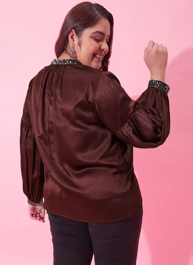 CURVY STREET Burgundy Plus Size Embellished Top for Women