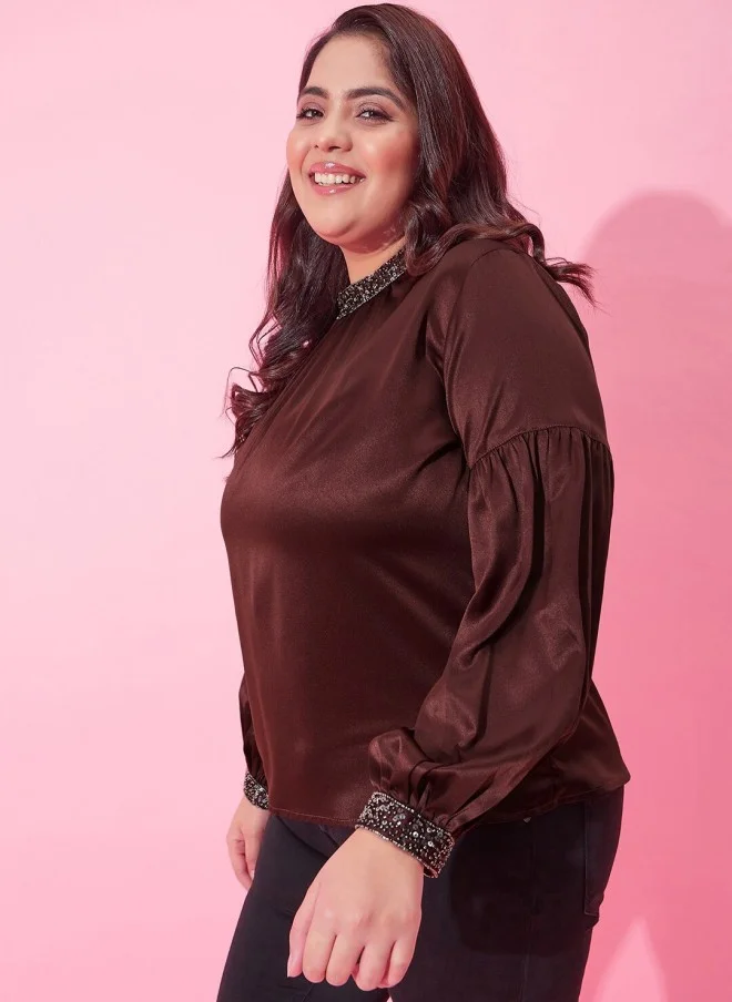 CURVY STREET Burgundy Plus Size Embellished Top for Women