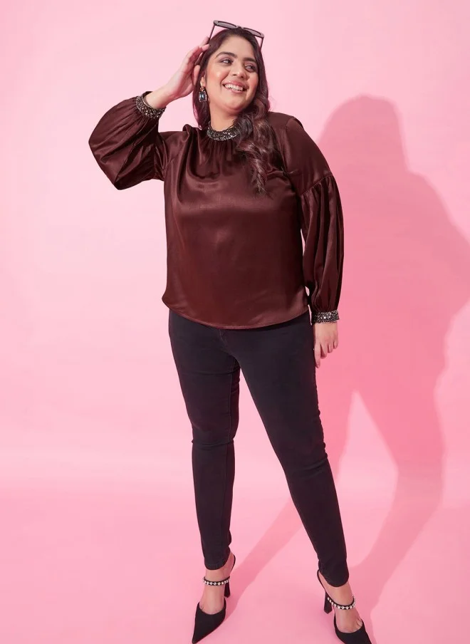 CURVY STREET Burgundy Plus Size Embellished Top for Women