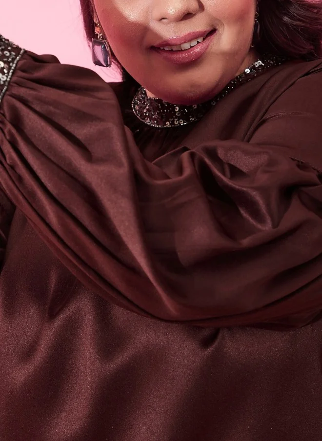 CURVY STREET Burgundy Plus Size Embellished Top for Women