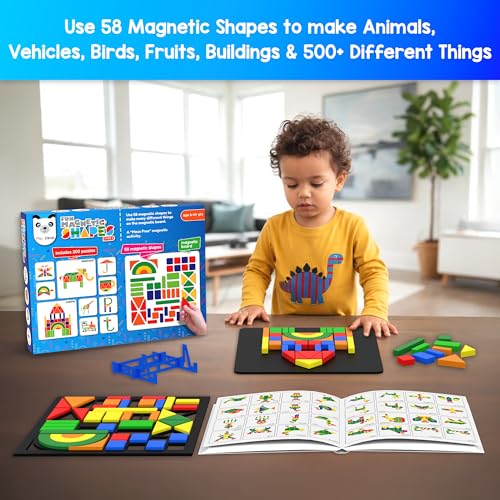 PLAY PANDA Magnetic Puzzle Set for Kids, Small Type 2 with 58 Colourful Fun Magnetic Shapes with Magnetic Board, 200 Puzzle Patterns, Display Stand and Storage Tray, Indoor Educational Toy - Image 3