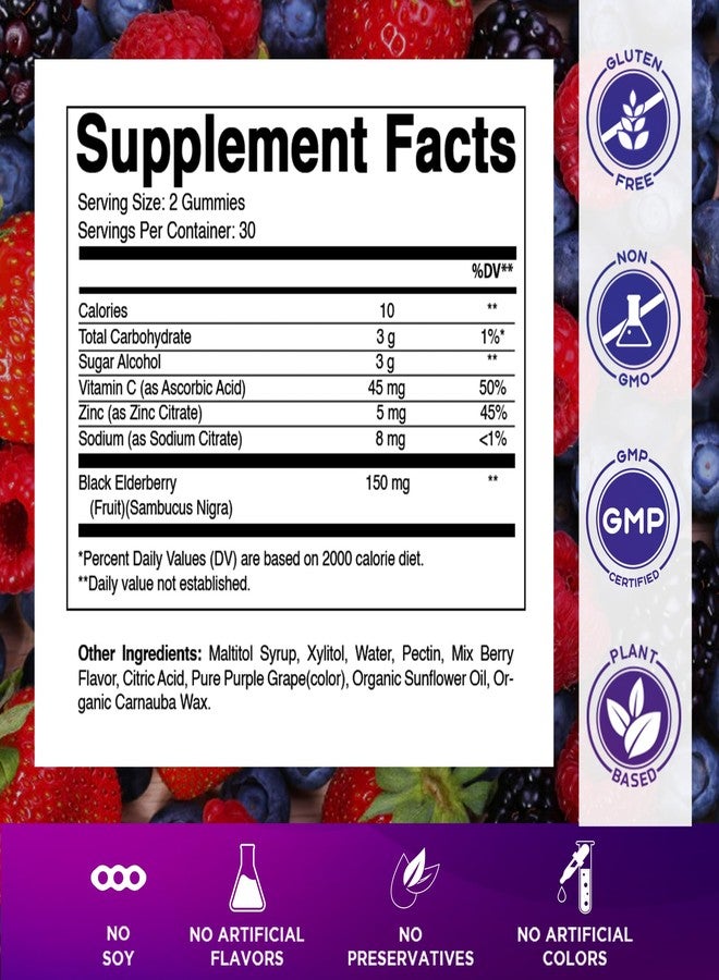 Vitamatic Elderberry Gummies with Vitamin C & Zinc - Immune Support Supplement - Mixed Berry Flavor- 60 Gummies - Made in the USA, Vegan, Non-GMO, Gluten-Free - Image 2