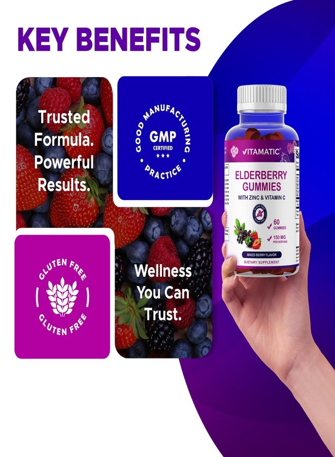 Vitamatic Elderberry Gummies with Vitamin C & Zinc - Immune Support Supplement - Mixed Berry Flavor- 60 Gummies - Made in the USA, Vegan, Non-GMO, Gluten-Free - Image 5