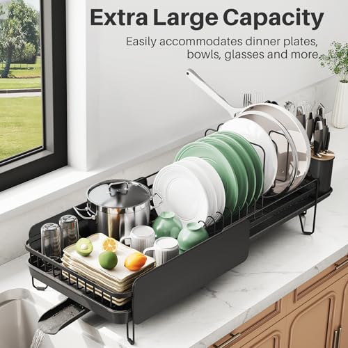 SNTD Large Dish Drying Rack Expandable 193 to 294 Dish Rack for Kitchen Counter Stainless Steel Dish Drainer with Utensil Holder Pan Holder Pot Lid Holder Black - Image 3