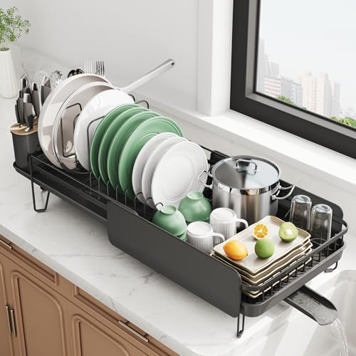 SNTD Large Dish Drying Rack Expandable 193 to 294 Dish Rack for Kitchen Counter Stainless Steel Dish Drainer with Utensil Holder Pan Holder Pot Lid Holder Black - Image 1