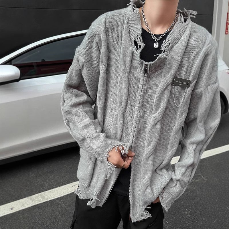 American-Style High Street Edge Grinding Destruction Metal Contrast V-Neck Cardigan Sweater Men'S And Women'S Knitwear Coat Couple'S Ins Rags - Image 2