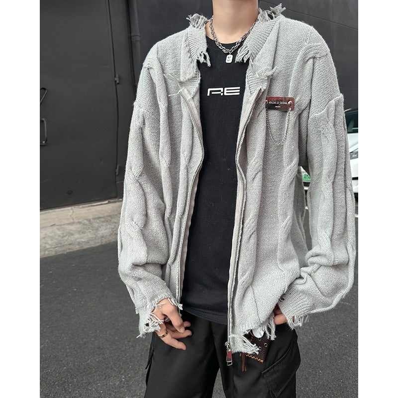 American-Style High Street Edge Grinding Destruction Metal Contrast V-Neck Cardigan Sweater Men'S And Women'S Knitwear Coat Couple'S Ins Rags - Image 1