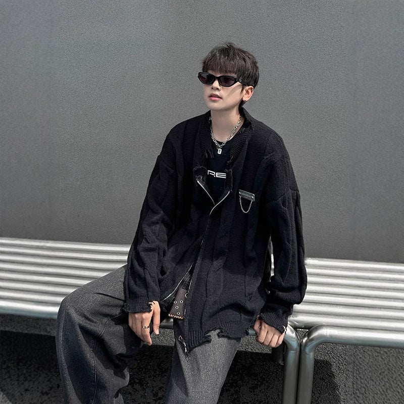 American-Style High Street Edge Grinding Destruction Metal Contrast V-Neck Cardigan Sweater Men'S And Women'S Knitwear Coat Couple'S Ins Rags - Image 4