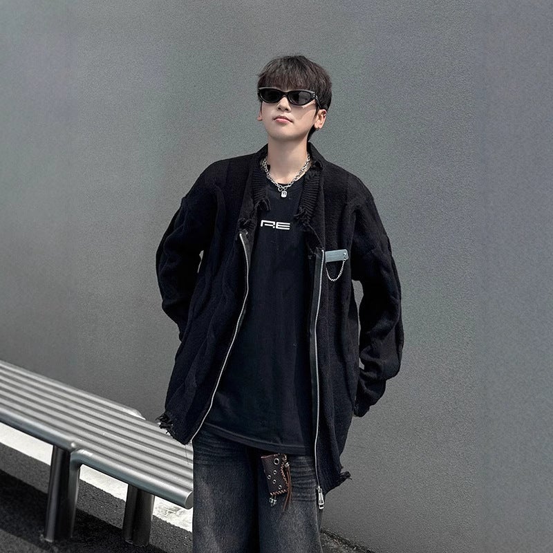 American-Style High Street Edge Grinding Destruction Metal Contrast V-Neck Cardigan Sweater Men'S And Women'S Knitwear Coat Couple'S Ins Rags - Image 3