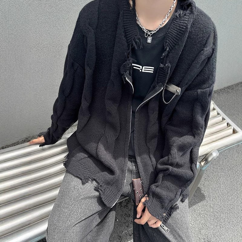 American-Style High Street Edge Grinding Destruction Metal Contrast V-Neck Cardigan Sweater Men'S And Women'S Knitwear Coat Couple'S Ins Rags - Image 5