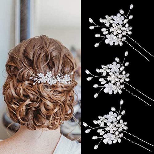 Sppry Elegant Pearl Wedding Hair Pins, Floral Crystal Hair Accessories for Bridal Women, Pack of 3 (Silver) - Image 3