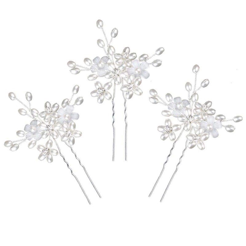 Sppry Elegant Pearl Wedding Hair Pins, Floral Crystal Hair Accessories for Bridal Women, Pack of 3 (Silver) - Image 2