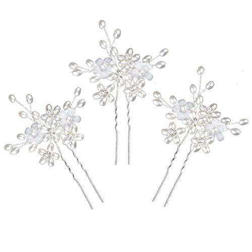 Sppry Elegant Pearl Wedding Hair Pins, Floral Crystal Hair Accessories for Bridal Women, Pack of 3 (Silver) - Image 1