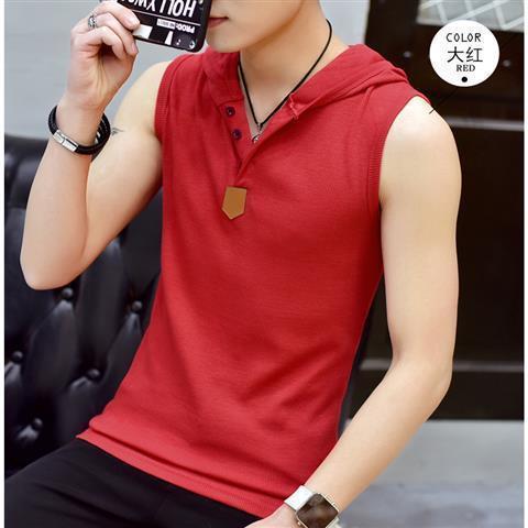 Summer Hooded Sleeveless Vest Waistcoat Korean Style Slim Fit Fitness Sports Casual Mens Short-sleeved T-shirt T-shirt V-neck Trendy Red hooded 99181