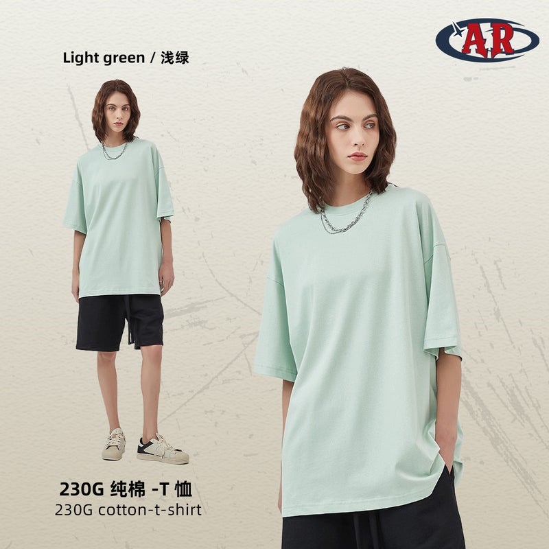 Ar Plus Size Men's Clothing European and American Trendy Brand 230g Double Yarn Pure Cotton Antibacterial Short-Sleeved Men's T-Shirt Pure Color Blank Men's Loose T-Shirt - Image 2