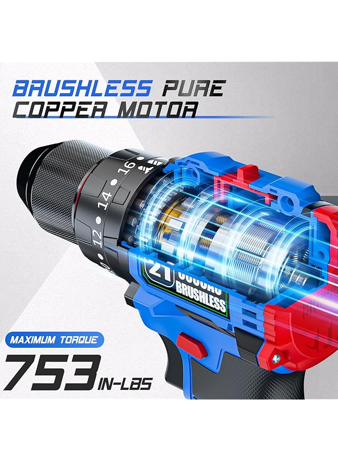 إيروريكس مجموعة مثقاب كهربائي بدون فرشاة 21 فولت مع بطارية واحدة وشاحن و3 رؤوس مثقاب كهربائية مقاس 8 بوصات و20+3 إعدادات لعزم الدوران و32 قطعة من رؤوس المثقاب ومجموعة أدوات - Image 2