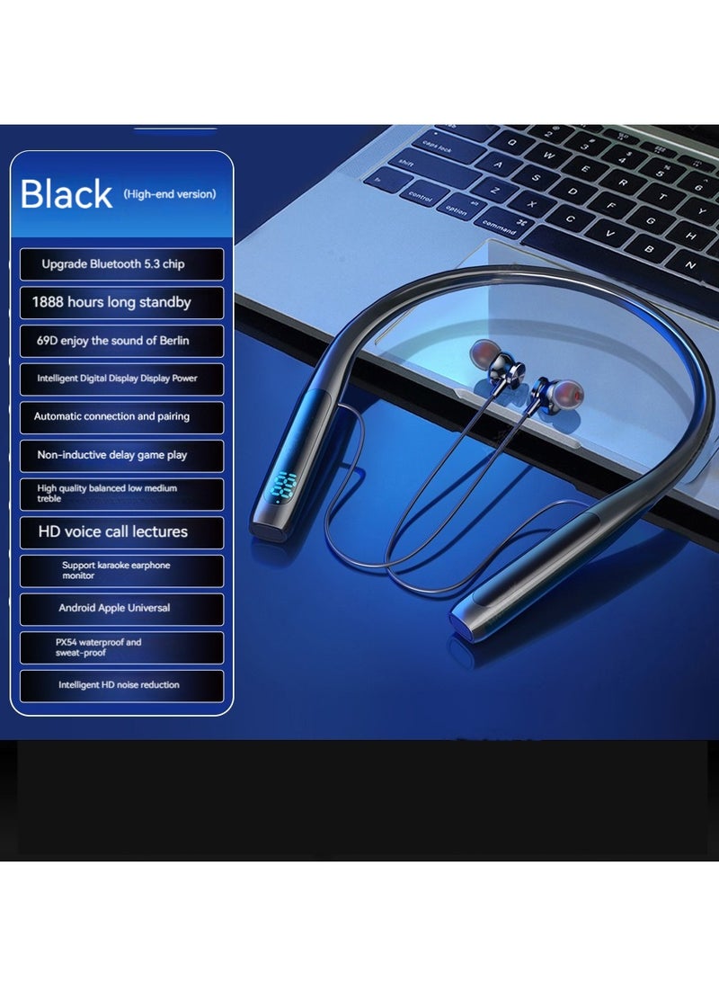 New large-capacity digital display neck-worn wireless Bluetooth headset, noise-reducing, no-lag sports headset with ear-return karaoke function (black) - Image 1