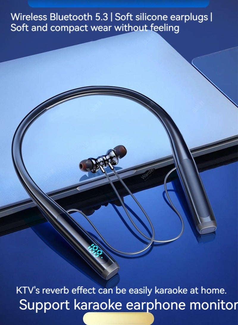 New large-capacity digital display neck-worn wireless Bluetooth headset, noise-reducing, no-lag sports headset with ear-return karaoke function (black) - Image 3