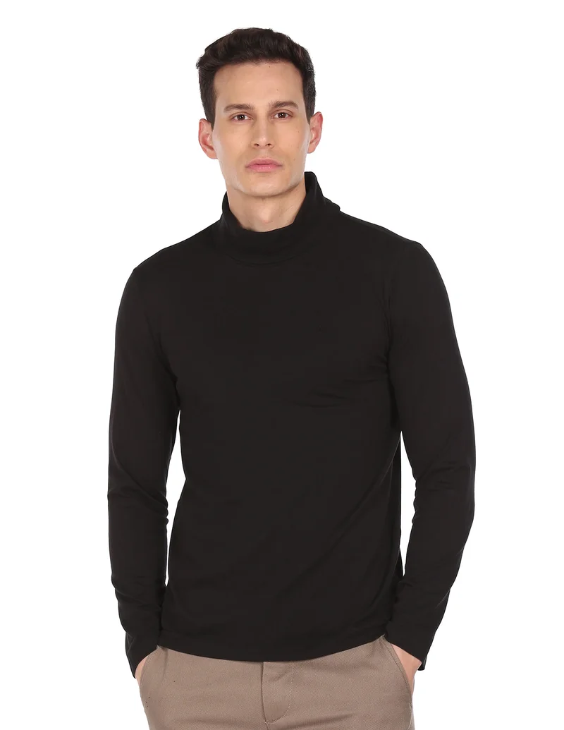 Arrow Black Long Sleeve Turtle Neck Solid T-Shirt for Men | Best Price UAE