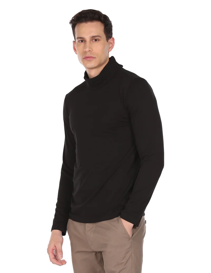 Arrow Black Long Sleeve Turtle Neck Solid T-Shirt for Men | Best Price UAE