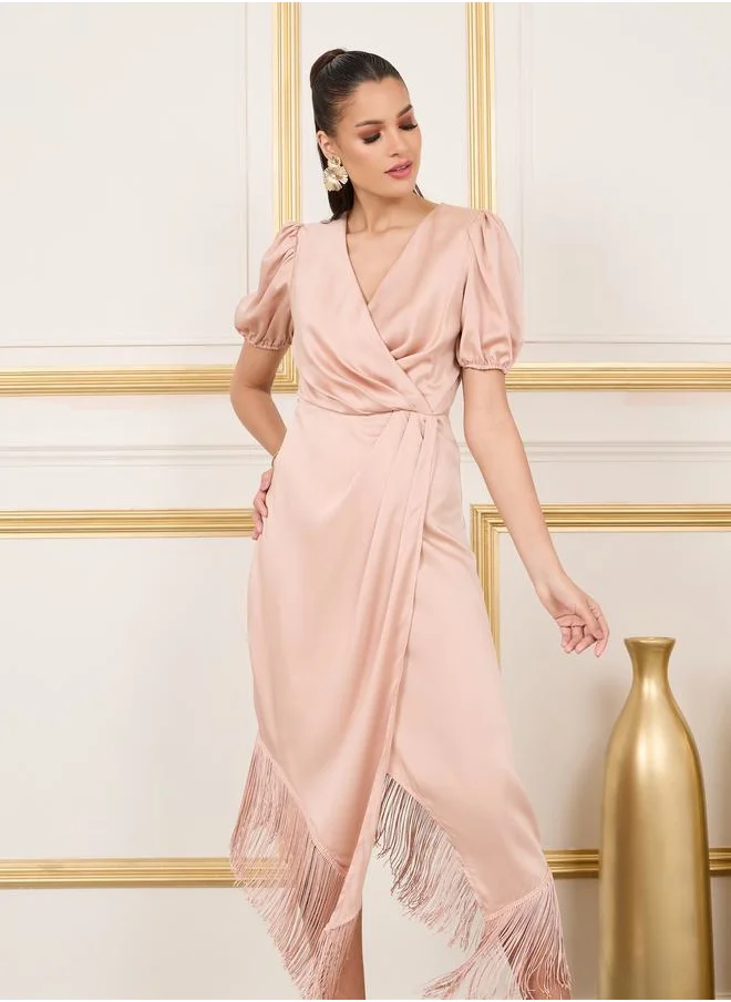 Styli Satin Pleated Tassel Hem A-Line Midi Dress