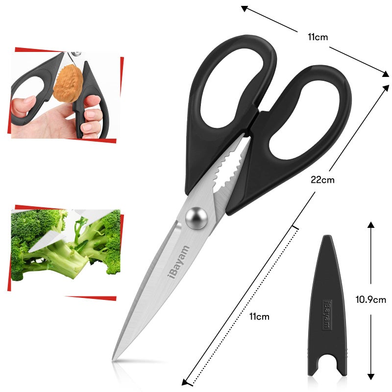 iBayam All Purpose Kitchen Scissors, Kitchen Shears with Protective Sheath Durable Stainless Steel Sharp Scissors, Dishwasher Safe, Soft Grip Handle for Cooking Food Herb Pizza Salad Seafood, 8.5 Inch - Image 3