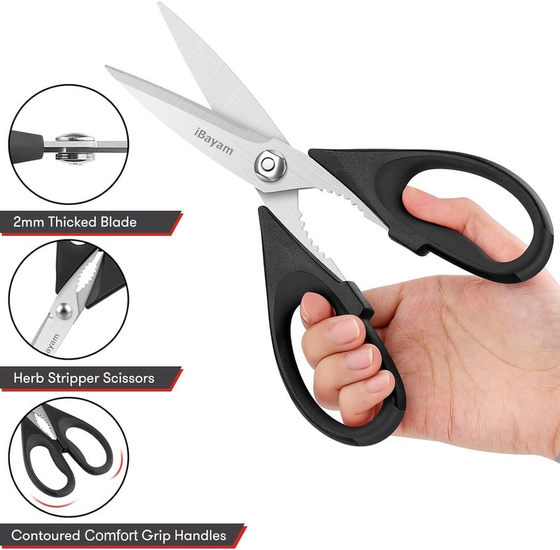 iBayam All Purpose Kitchen Scissors, Kitchen Shears with Protective Sheath Durable Stainless Steel Sharp Scissors, Dishwasher Safe, Soft Grip Handle for Cooking Food Herb Pizza Salad Seafood, 8.5 Inch - Image 4