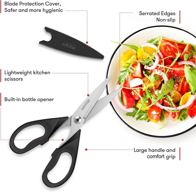 iBayam All Purpose Kitchen Scissors, Kitchen Shears with Protective Sheath Durable Stainless Steel Sharp Scissors, Dishwasher Safe, Soft Grip Handle for Cooking Food Herb Pizza Salad Seafood, 8.5 Inch - Image 2