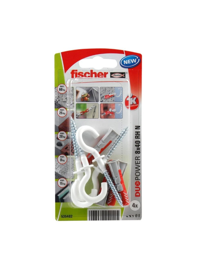 Fischer Universal Plug 8 x 40mm + Round Hook 4Pcs DUOPOWER 8X40 RH N K NV 535482