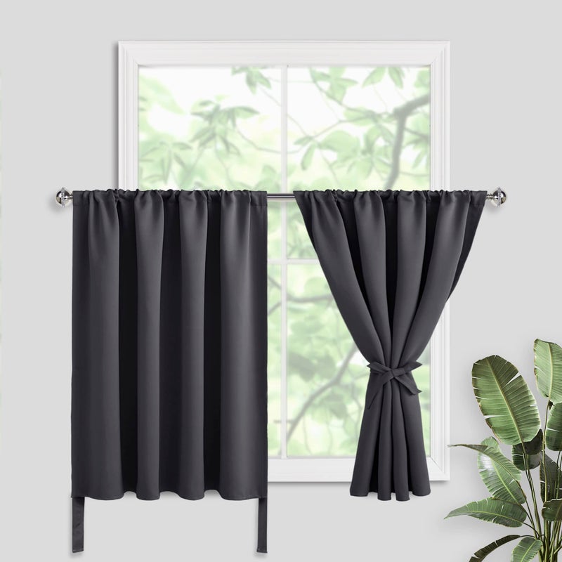 JIUZHEN Short Curtains Kitchen Half Window Blackout Curtains with 2 Tiebacks  Thermal Insulated Curtains 2 Panels  Rod Pocket Curtains for Bedroom  Bathroom  Kitchen  52 x 36 Inch  Dark Grey - Image 1