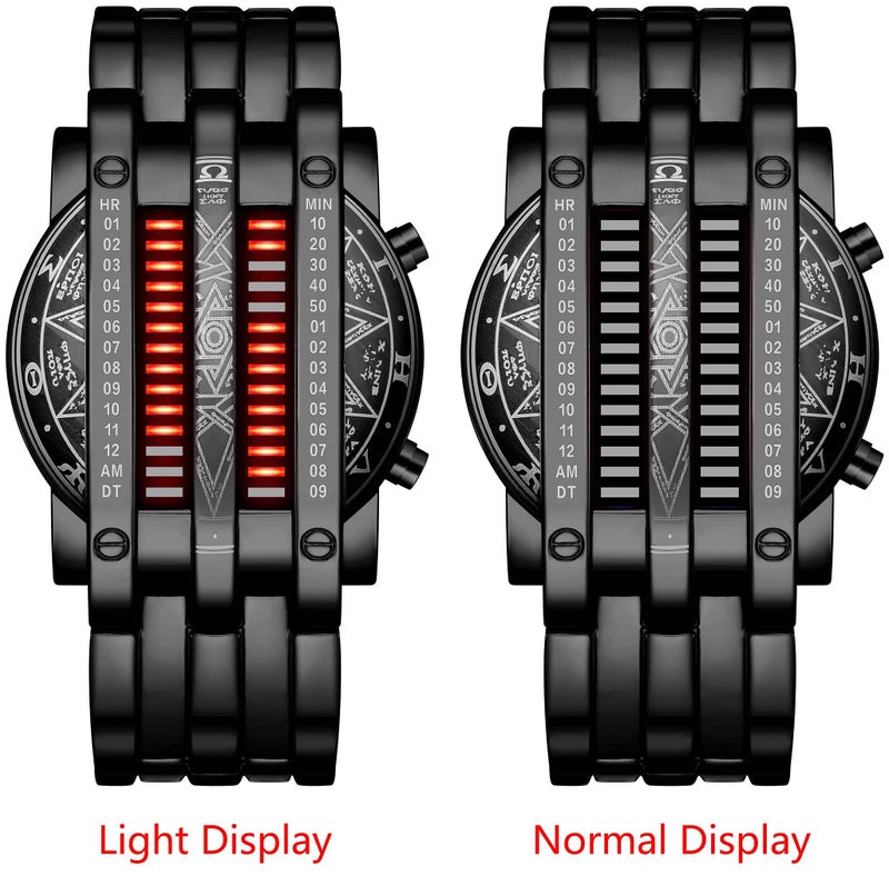 MASTOP ساعة يد رقمية زرقاء LED بتقنية المصفوفة الثنائية للرجال، تصميم كلاسيكي، موضة إبداعية، ساعات معصم مطلية بالأسود (أسود أحمر) - Image 2