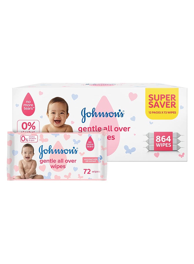 جونسون آند جونسون Johnson's Baby Gentle All Over Wipes – Super Saver Pack 8 + 4 Free, 12x72, 864 Wipes - Image 1