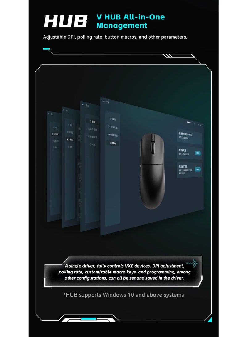 في اكس اي ماوس بلوتوث لاسلكي +Vxe R1 SE خفيف الوزن 60 مليون نقرة سرعة ذكية تأخير منخفض المستشعر PixArt PAW3395 SE (18000 DPI) اللون اسود - Image 2