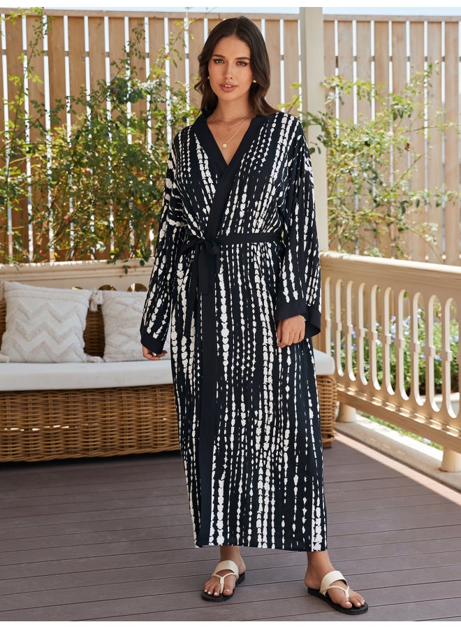 Generic 2024 European And American Rayon Beach Blouse Robe Vacation Cardigan Bikini Swimsuit Sun Protection Shirt Coat-Color:73100 Black And White- - Image 1