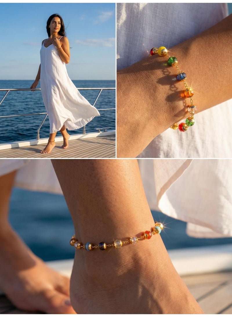 AuliceVerse 18K Real Gold Plated 2-Piece Beaded Bracelet & Anklet Set – Multicolor Crystal & Rhinestone Accents – Perfect Beach Vacation Gift for Her, Summer Style & Coastal Elegance - Image 2