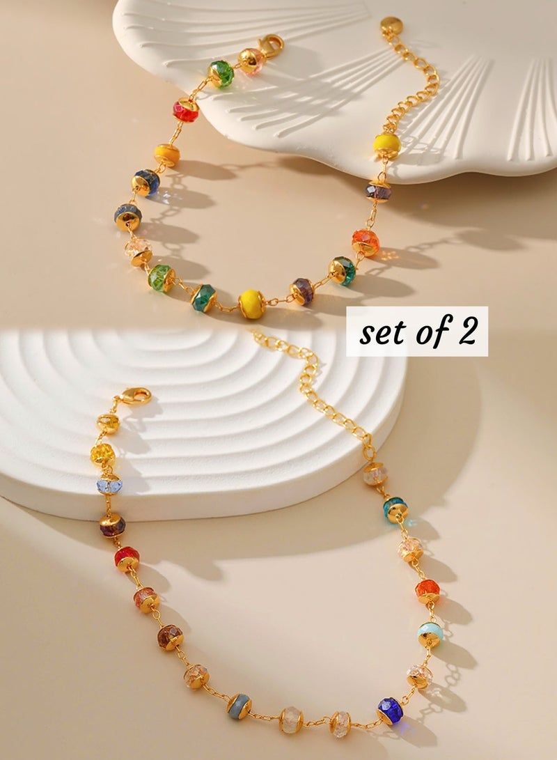 AuliceVerse 18K Real Gold Plated 2-Piece Beaded Bracelet & Anklet Set – Multicolor Crystal & Rhinestone Accents – Perfect Beach Vacation Gift for Her, Summer Style & Coastal Elegance - Image 1