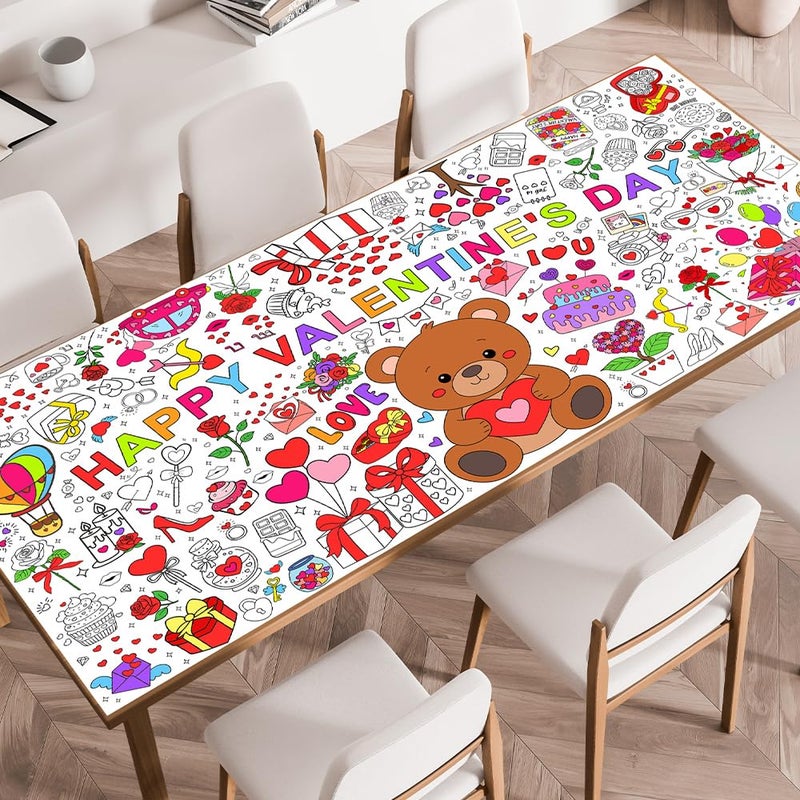 SPERINGEEN Valentines Tablecloth Decorations, Valentines Crafts for Kids, Essentials Valentine Day Coloring Games Activities Gifts Poster Banner Table Cover for Valentine Children Family School Party Decor - Image 1