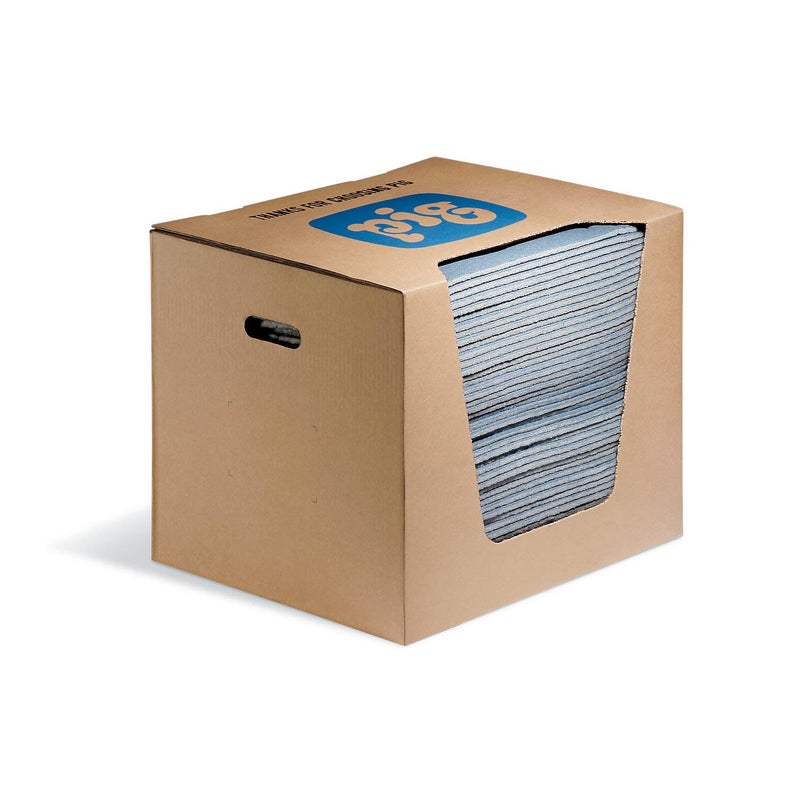 PIG Super Absorbent Mat Pads in Dispenser Box | 50 Oil Spill Mats | 15" x 19" Perforated Pads | Each Pad Absorbs 43 oz | Total Absorbency is 17 Gallons | Heavyweight | PMB30127 - Image 1
