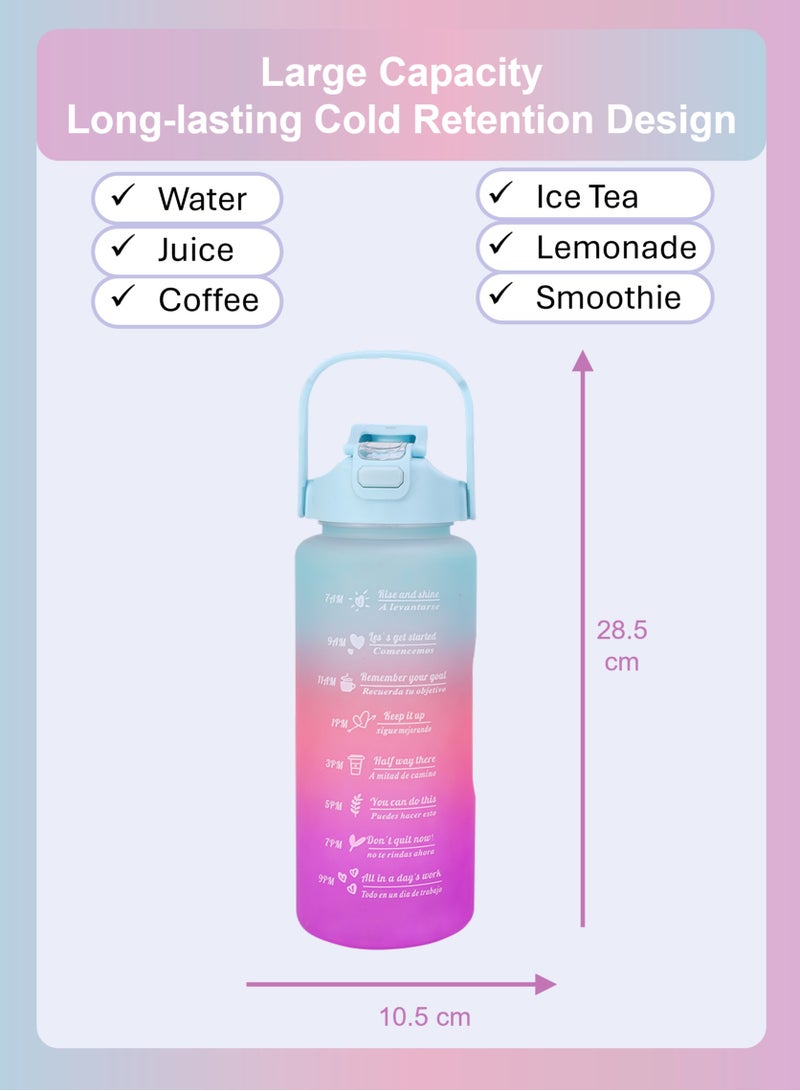 YooA Motivational Large 2L Food-Grade Material Sports/School Water Bottle | Removable Straw, Handle, Time Markers, Food-Grade PC, Durable and Anti-Slip for School, Gym, Outdoors (Purple & Blue & Pink)  - Image 2