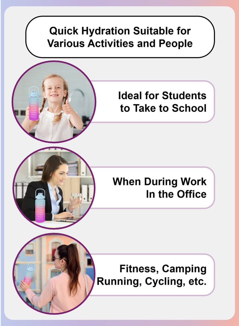 YooA Motivational Large 2L Food-Grade Material Sports/School Water Bottle | Removable Straw, Handle, Time Markers, Food-Grade PC, Durable and Anti-Slip for School, Gym, Outdoors (Purple & Blue & Pink)  - Image 3