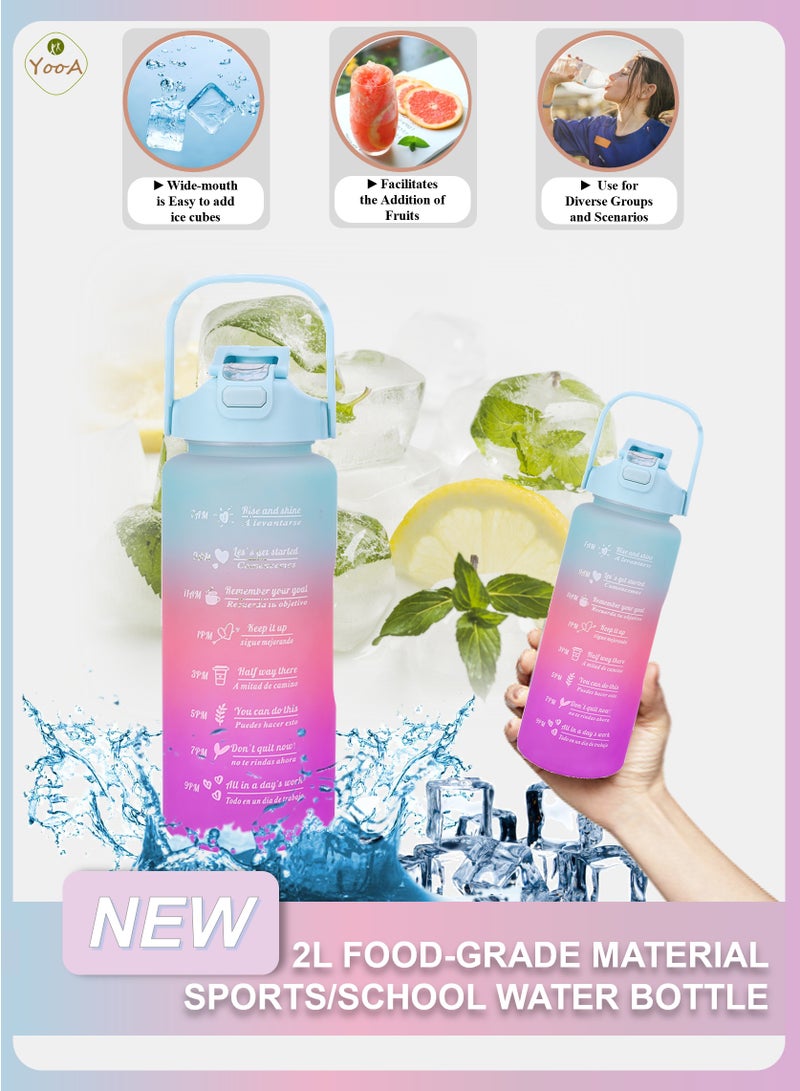 YooA Motivational Large 2L Food-Grade Material Sports/School Water Bottle | Removable Straw, Handle, Time Markers, Food-Grade PC, Durable and Anti-Slip for School, Gym, Outdoors (Purple & Blue & Pink)  - Image 1