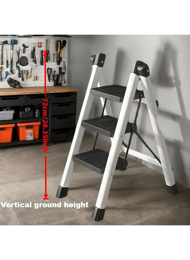 White 3 Step Folding Ladder Non Slip Base Sturdy Metal Portable Lightweight - Image 1