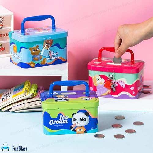 FunBlast Money Saving Tin Coin Bank with Handle, Lock and Key, Piggy Bank for Kids, Gullak for Kid, Birthday Return for Boys & Girls, Money Bank, Coin Box for Kid (A-Multicolor) - Image 5